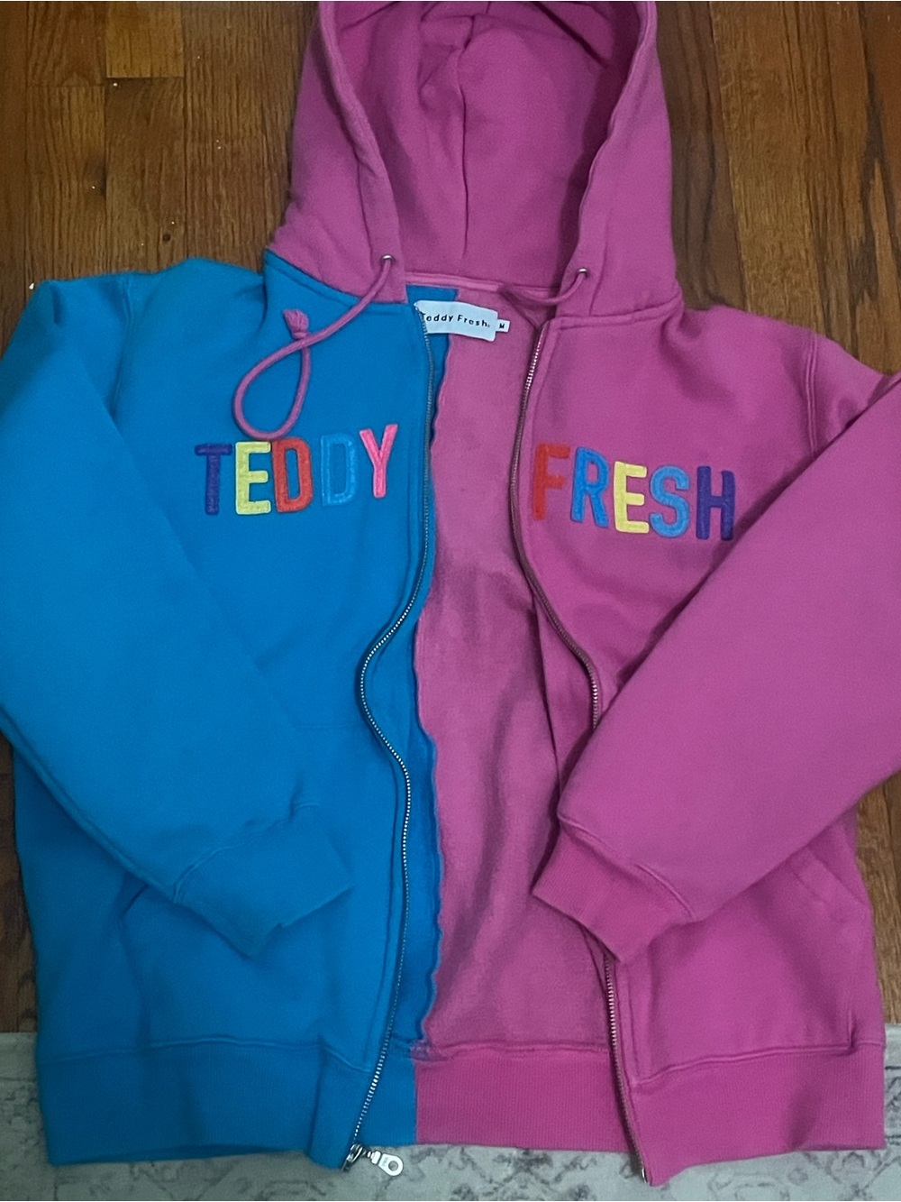 Teddy Fresh Kids Blue & Pink Split Zip Hoodie with Colorful Embroidery